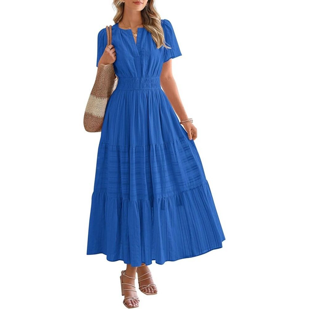 Women's Blue V Neck Short Sleeve A Line Summer Casual Maxi Dress Pockets